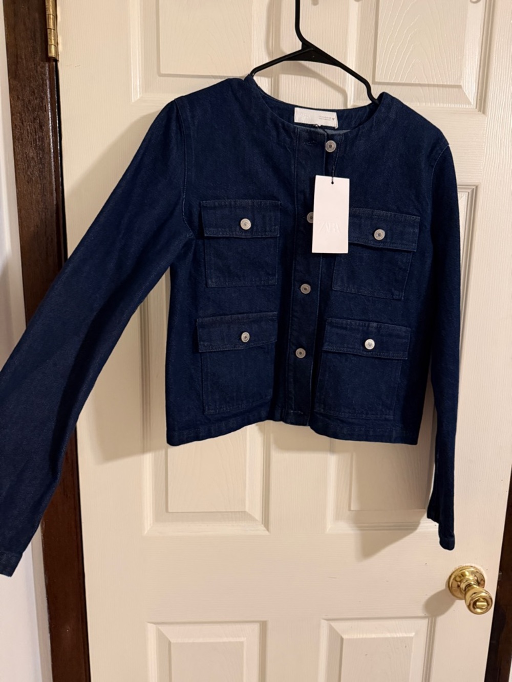 Zara Dark Indigo Collarless Denim Jacket - Picture 4 of 8